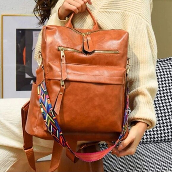 Camel zipper detail vegan leather mini back pack main image 5